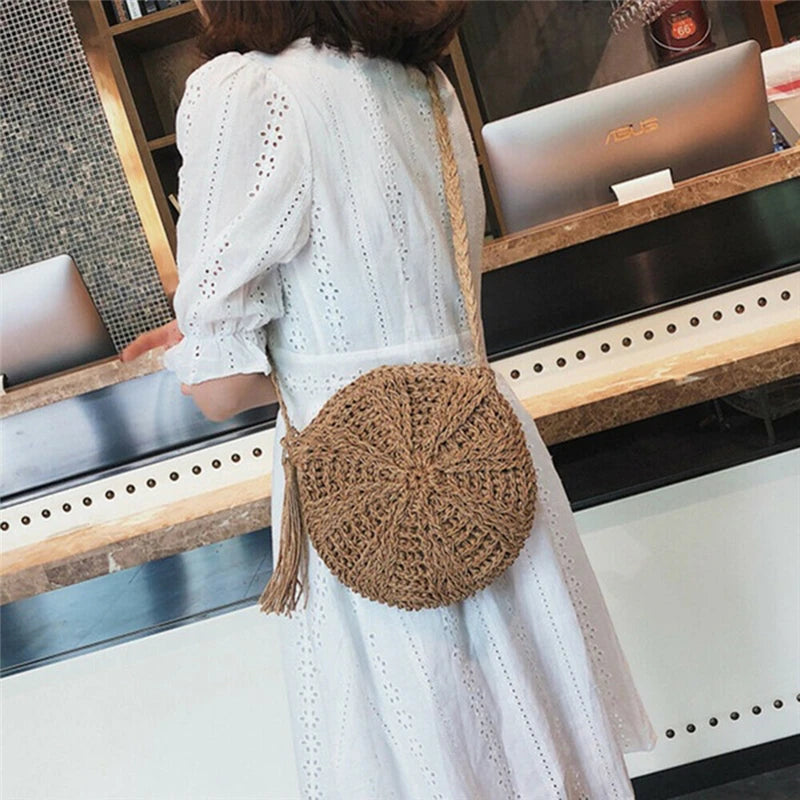 Round Women Paper Rope Shoulder Bag Tassel Summer Beach Crossbody