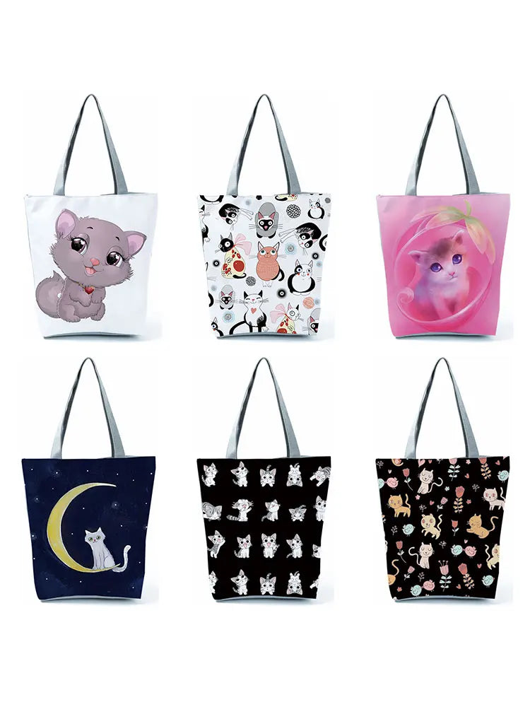 Lovely Cat Printed Tote Bag for Women Work Shoulder Shopping Handbag
