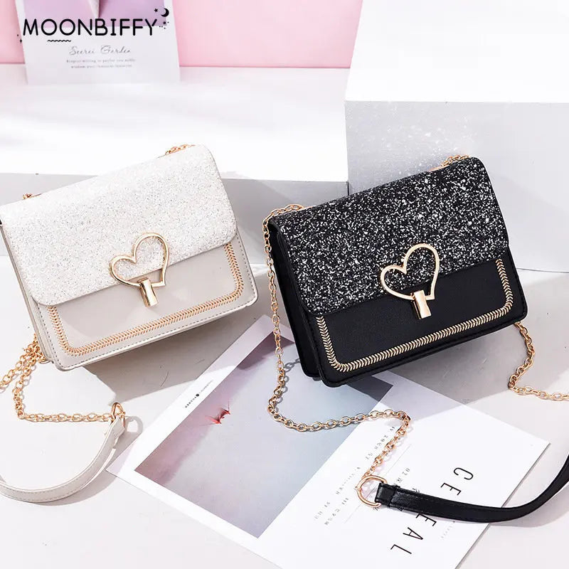 Sequined Women's Shoulder Bag Chain Peach Heart Lock Lady Bag