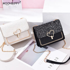 Sequined Women's Shoulder Bag Chain Peach Heart Lock Lady Bag