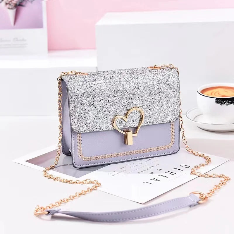 Sequined Women's Shoulder Bag Chain Peach Heart Lock Lady Bag