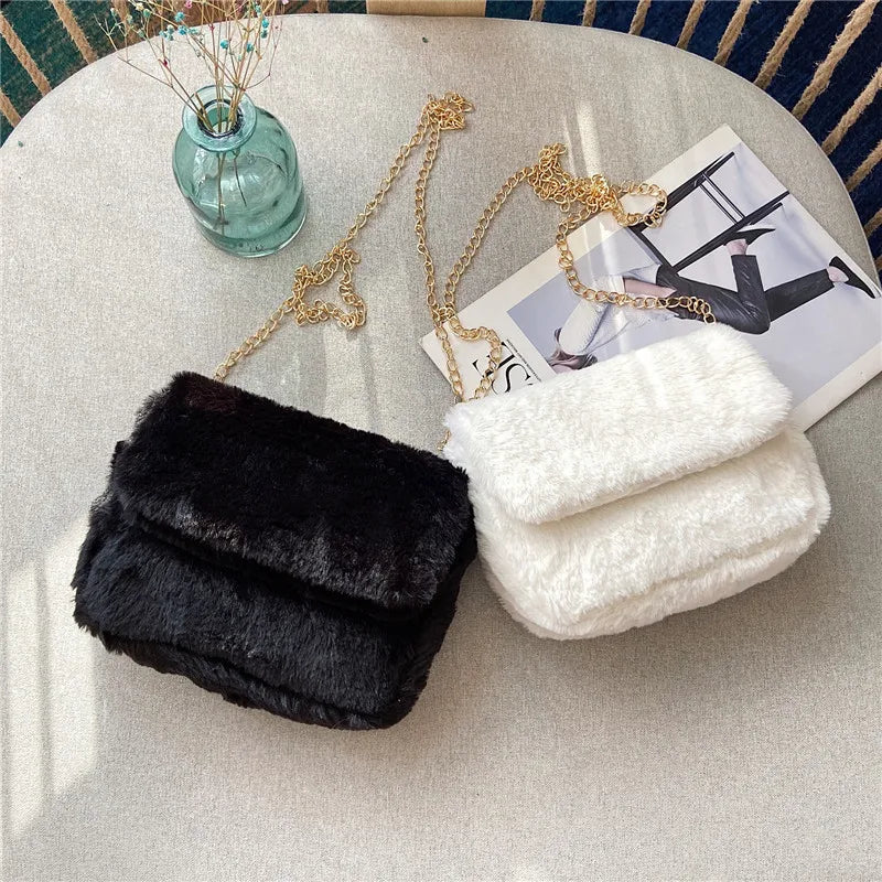 Retro Single PU Leather Shoulder Bag Messenger Bag Chain Lamb Wool Bag