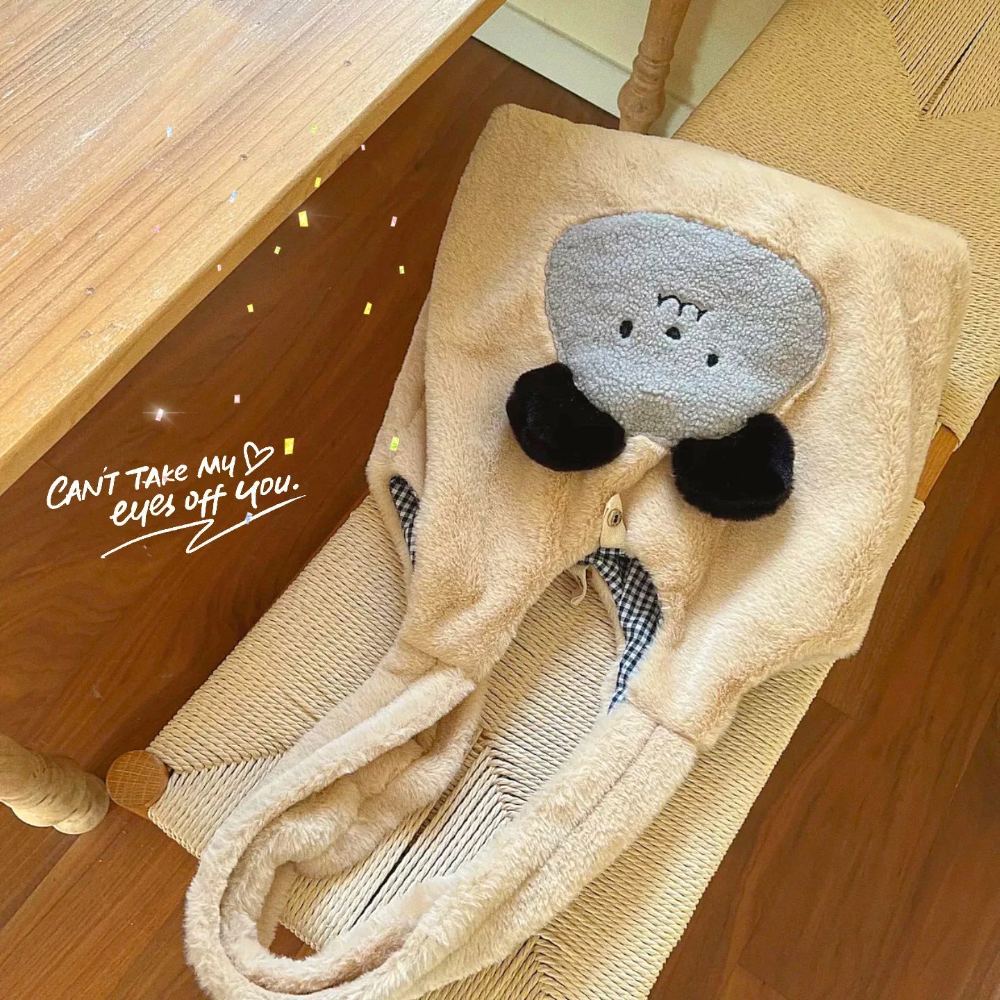 Faux Fur Plush Shoulder Bag with Bear Embroidery