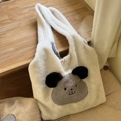 Faux Fur Plush Shoulder Bag with Bear Embroidery