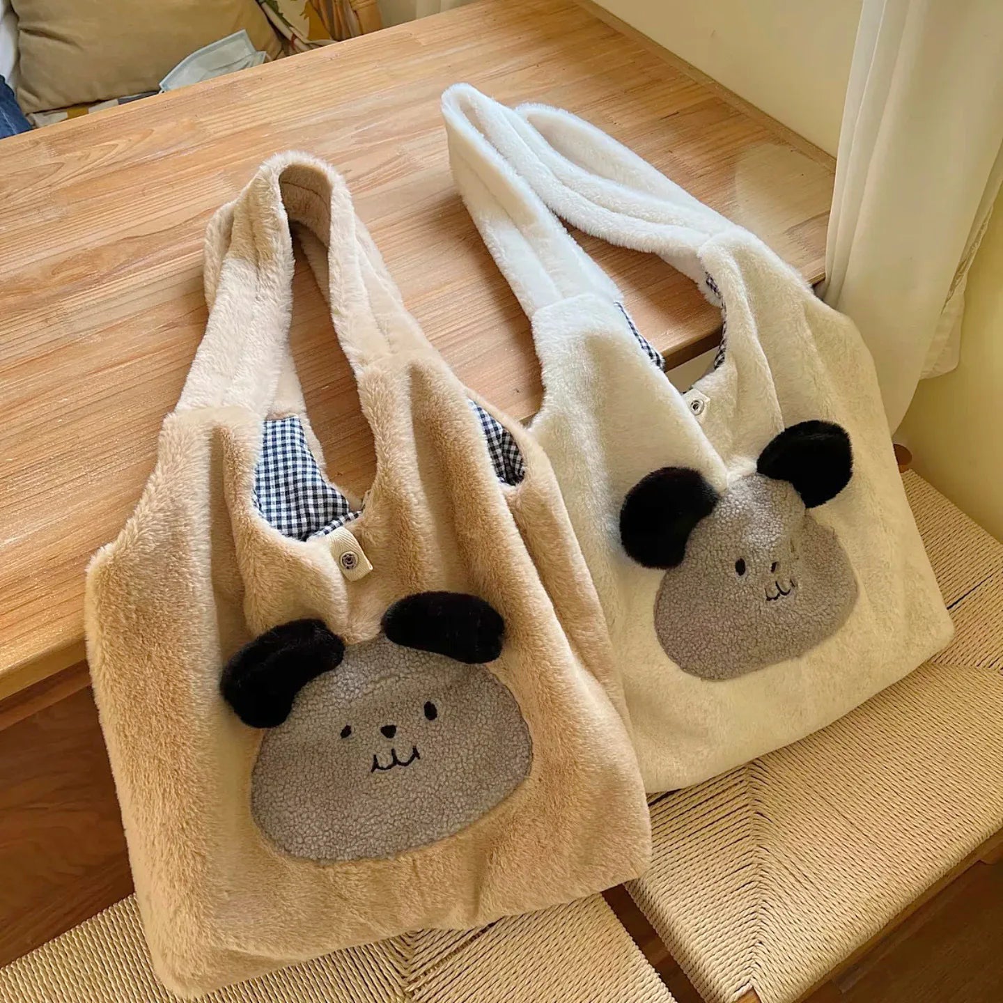 Faux Fur Plush Shoulder Bag with Bear Embroidery