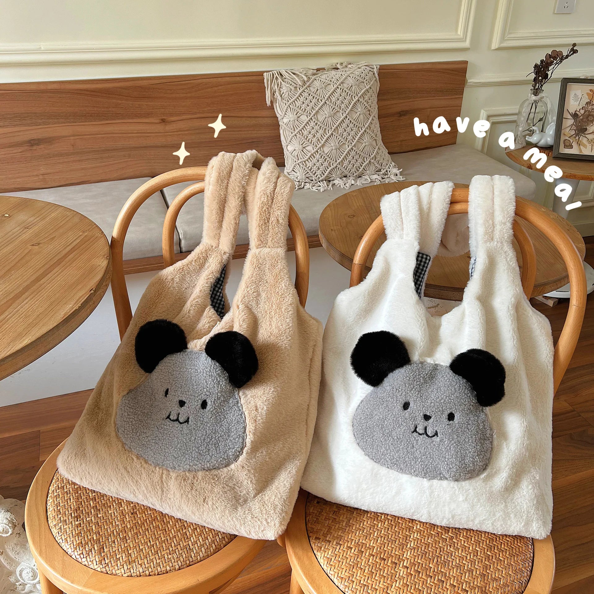 Faux Fur Plush Shoulder Bag with Bear Embroidery