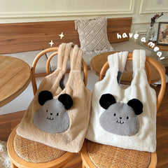 Faux Fur Plush Shoulder Bag with Bear Embroidery