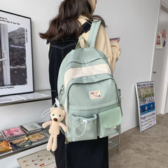 Solid Bear Pendant Backpack Women College Student Bag Nylon Waterproof