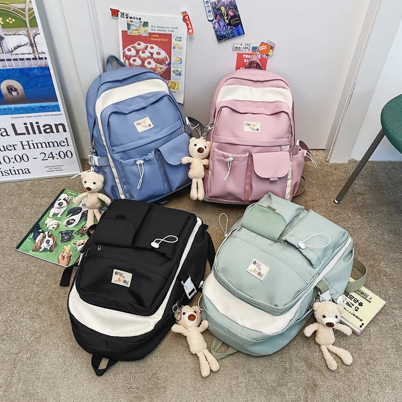 Solid Bear Pendant Backpack Women College Student Bag Nylon Waterproof