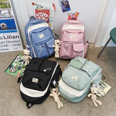 Solid Bear Pendant Backpack Women College Student Bag Nylon Waterproof