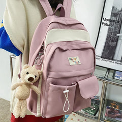 Solid Bear Pendant Backpack Women College Student Bag Nylon Waterproof