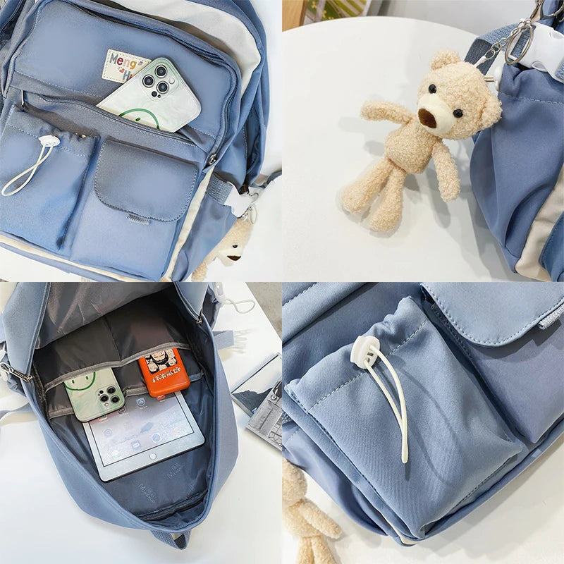 Solid Bear Pendant Backpack Women College Student Bag Nylon Waterproof