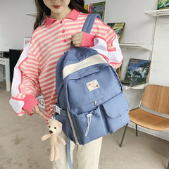 Solid Bear Pendant Backpack Women College Student Bag Nylon Waterproof