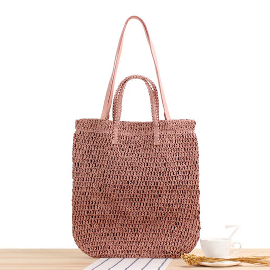 Mori Style Beach Straw Bag Solid Hollow Shoulder Dual-Use Woven
