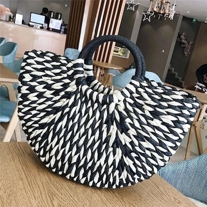 Straw Bag Women Hand-Woven Rattan Big Capacity Drawstring Beach Bag