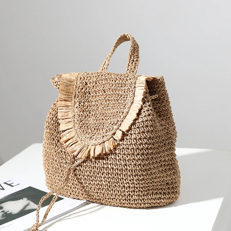 Straw Woven Backpack Tassel Shoulder Straw Bag Women's Beach Holiday Bag