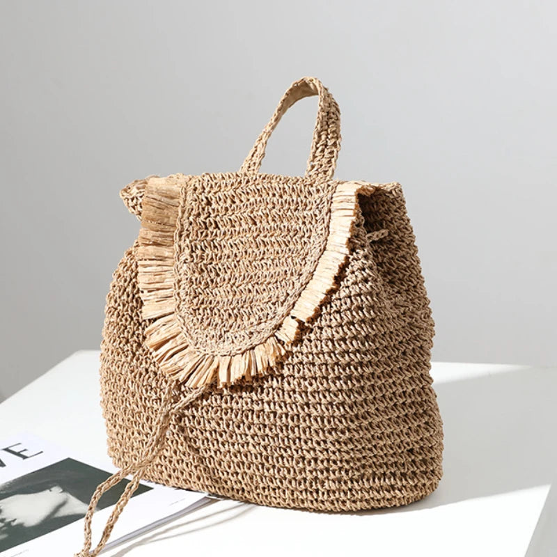 Straw Woven Backpack Tassel Shoulder Straw Bag Women's Beach Holiday Bag
