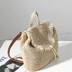 Straw Woven Backpack Tassel Shoulder Straw Bag Women's Beach Holiday Bag