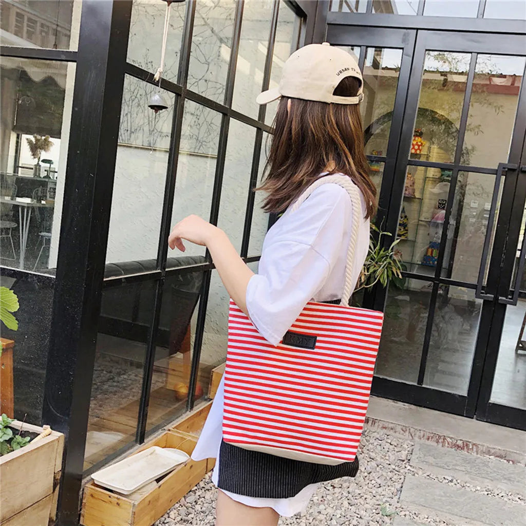 Canvas Beach Bag Striped Shoulder Handbag Rough Twine Stripe Shopping Bag