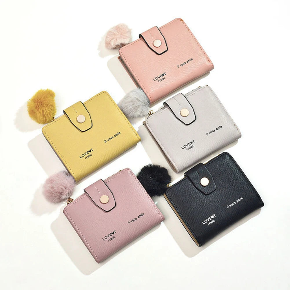 Students Small Wallet Pu Multifunctional Coin Clip Plush Pendant Zipper
