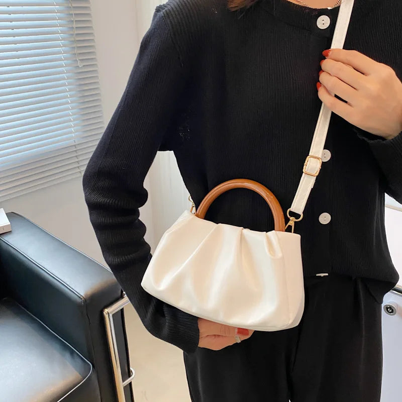 High Wooden Handle Pleated Ladies Small Handbag