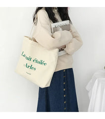 French Letter Print Canvas Shoulder Bag for Women