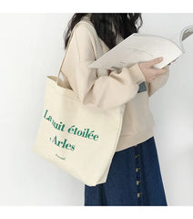French Letter Print Canvas Shoulder Bag for Women