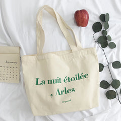 French Letter Print Canvas Shoulder Bag for Women