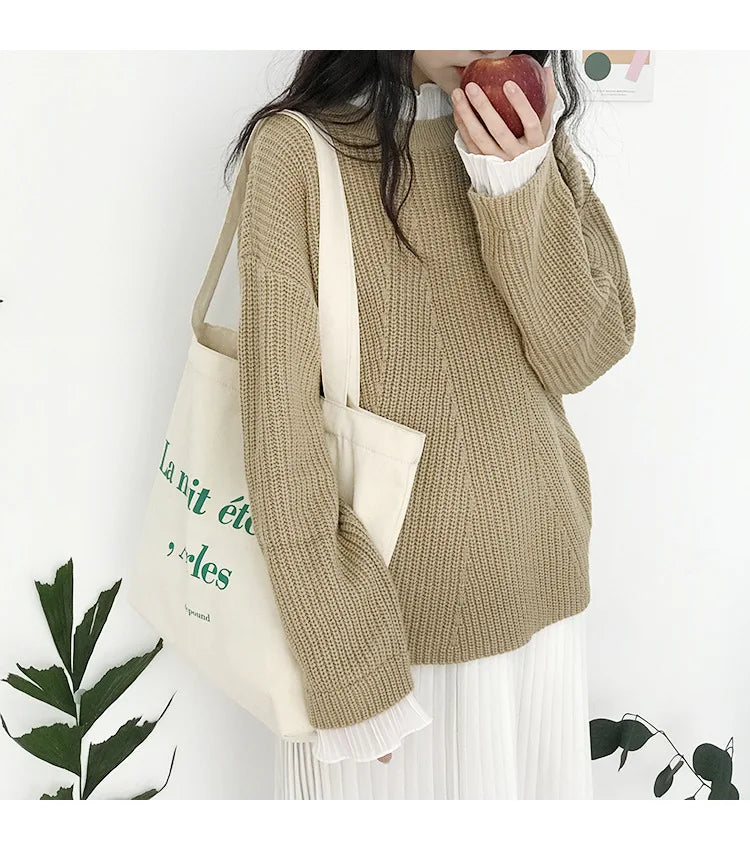French Letter Print Canvas Shoulder Bag for Women