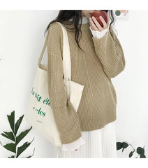 French Letter Print Canvas Shoulder Bag for Women