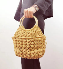 Solid Portable Woven Beach Bag with Cotton Rope Handle