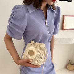 Sunflower Messenger Woven Bag Crochet Round Beach Bag Purses