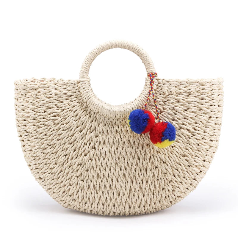 Summer Pompon Beach Straw Bag Moon Shaped Weaving Ladies Bag