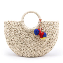 Summer Pompon Beach Straw Bag Moon Shaped Weaving Ladies Bag