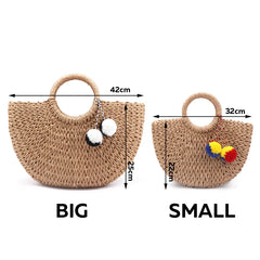 Summer Pompon Beach Straw Bag Moon Shaped Weaving Ladies Bag
