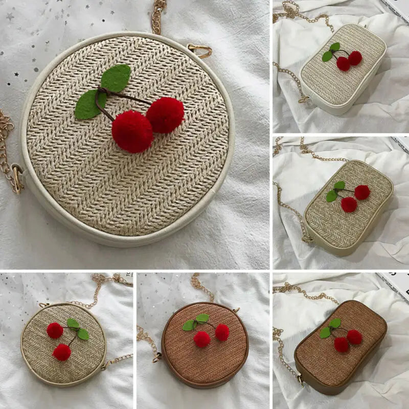 Women's Straw Woven Cherry Handbag Zipper Shoulder Beach Bag