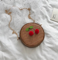 Women's Straw Woven Cherry Handbag Zipper Shoulder Beach Bag