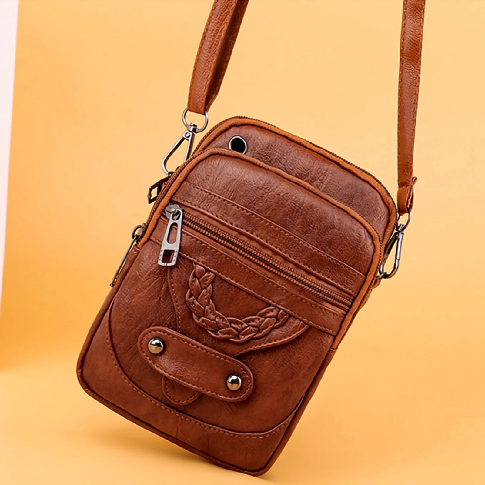 Textured Messenger Bag for Women Soft Leather Brown
