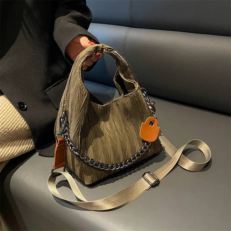 Ruched Chain Single Shoulder Bag Women Top Handle Cross Body Totes