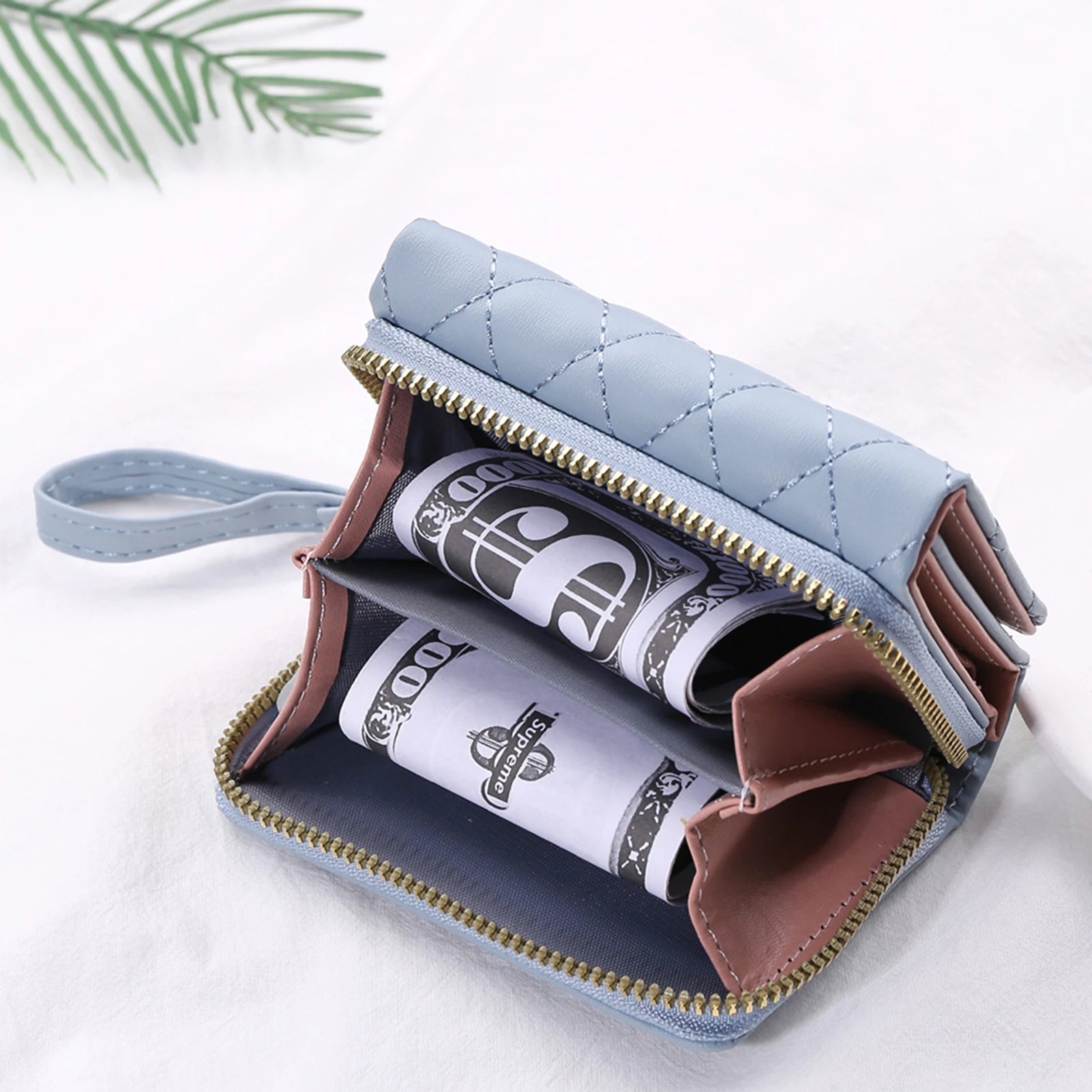 Trifold Short Wallet with Wrist Strap and PU Leather for Lady