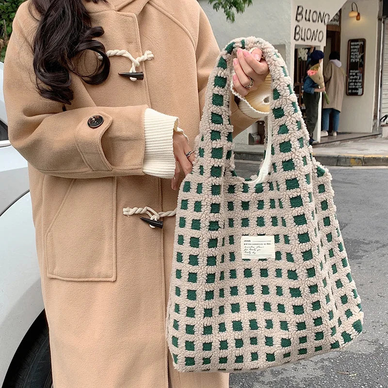 Waffle Grid Women's Plush Shoulder Bags Large Capacity Tote Handbag