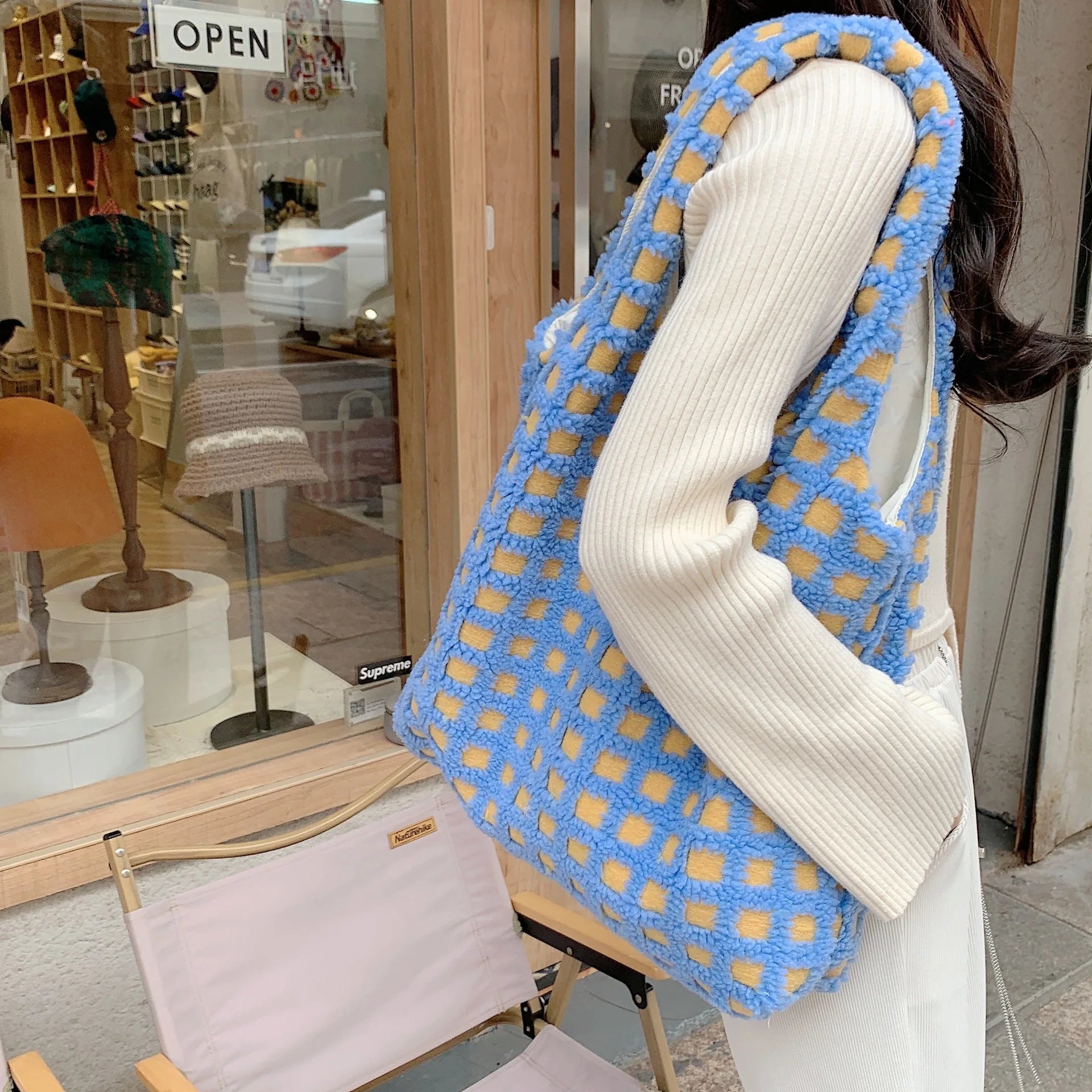 Waffle Grid Women's Plush Shoulder Bags Large Capacity Tote Handbag