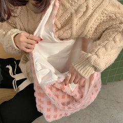 Waffle Grid Women's Plush Shoulder Bags Large Capacity Tote Handbag