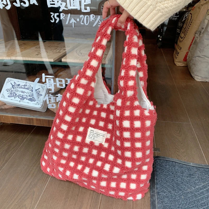 Waffle Grid Women's Plush Shoulder Bags Large Capacity Tote Handbag