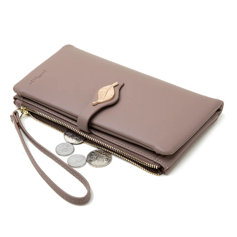 Women's Leaf Buckle Zipper Long Wallet Handbag
