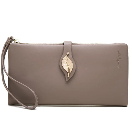 Women's Leaf Buckle Zipper Long Wallet Handbag