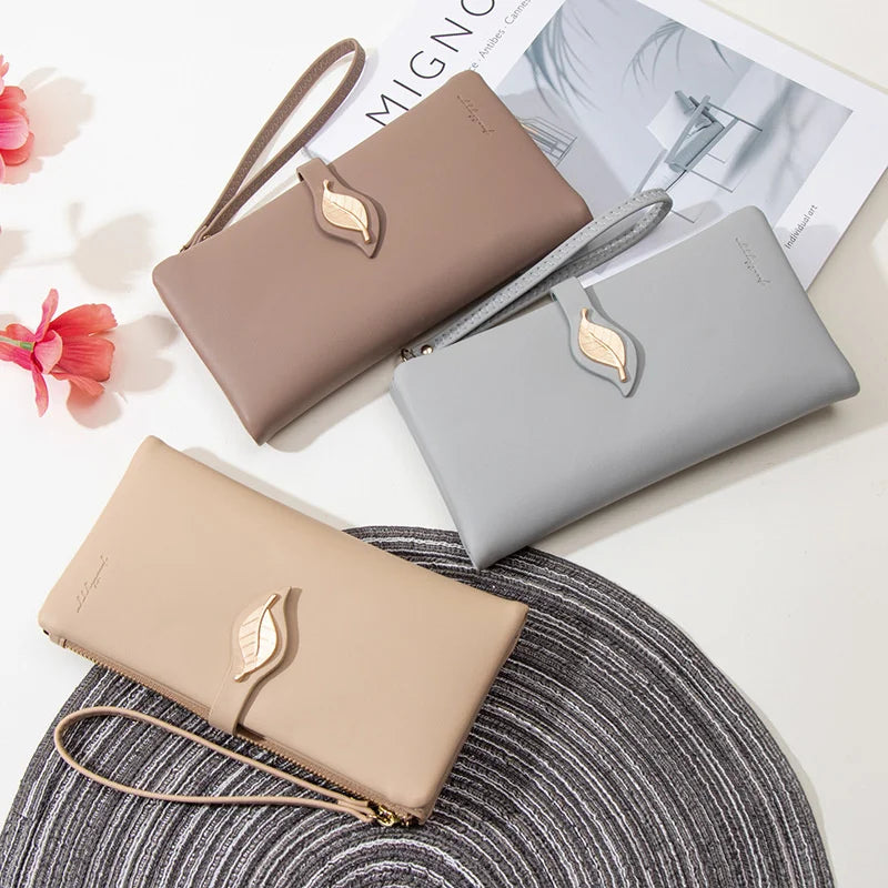 Women's Leaf Buckle Zipper Long Wallet Handbag