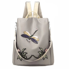 Waterproof Oxford Women Backpack Dragonfly Flower Embroidered Rucksack