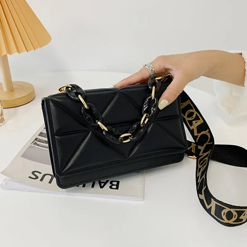 Wide Strap Shoulder Bag Solid Square Crossbody Bags For Women Handbags Chain