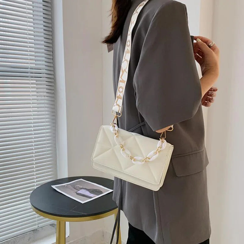 Wide Strap Shoulder Bag Solid Square Crossbody Bags For Women Handbags Chain